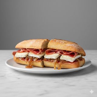 Bocadillo De Rulo De Cabra Jamón Serrano Y Cebolla
