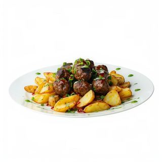 Abóndigas de Vaca Tudanca con Patatas Fritas, pan y Refresco