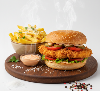 Crispy burger de pui+cartofi cu parmezan