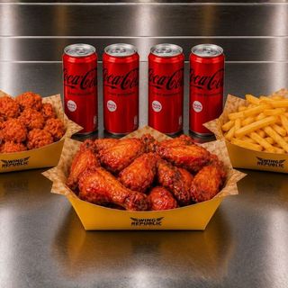 Wings party for 4: 30 alette + 20 nuggets + 2 patatine fritte + 4 bibite