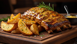 Coaste de porc marinate cu sos dijon și cartofi aurii