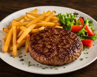 Hamburger con patate e insalata