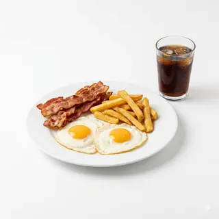 Huevo, bacon, papas y refresco