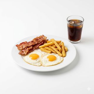 Huevo, bacon, papas y refresco
