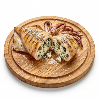 Calamar umplut cu brânză de capră pe plită