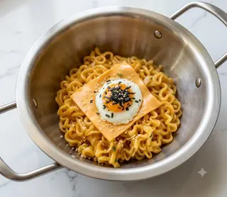 Fideos picantes Buldak con queso, huevo y ternera