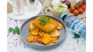 Cascaval pane cu pesmet auriu,rondele crocante de cartofi,salata de varza alba,apa plata
