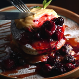 ფანქეიქი კენკრის სოუსით, ვანილის კრემითა და მარილიანი კარამელით/Pancake with berry sauce, vanilla cream and salted caramel