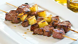 Pork and Pineapple Skewers With Steamed Brocolli and Carrot veggies