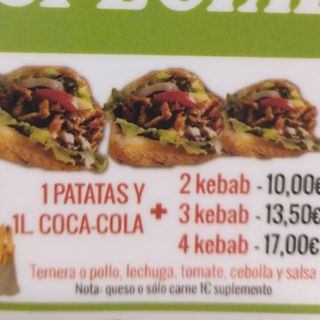 4 kebab ternera o pollo dentro ensalada ,salsa. Y patatas y cola 1 L.