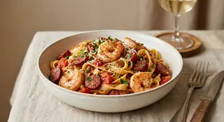 Tagliatelle cu creveți și babic de Buzău