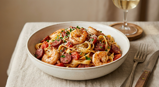 Tagliatelle cu creveți și babic de Buzău