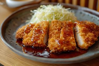 Torikatsu cotoletta di pollo fritta, condita con salsa tonkatsu, erba cipollina e riso bianco