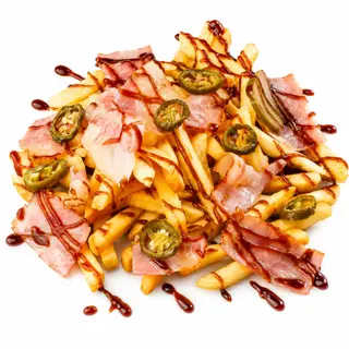 Fries with bacon, cucumbers and jalapenos 