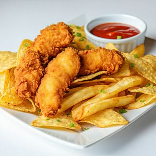 Degețele de pui în nachos cu cartofi prăjiți