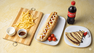 Veliki Hot dog + Pomfrit+ Palačinka sa Nutelom mala+Coca Cola 0.5l