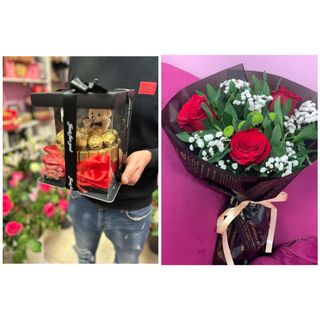 Букет от 3 бр. Червени рози и торта от бонбони в луксозна кутия