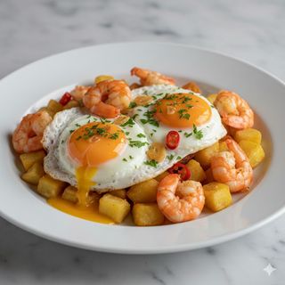 Huevos Rotos Con Gambas Al Ajillo