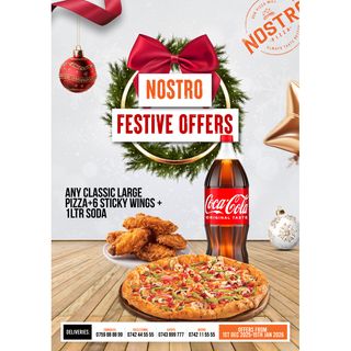 Any Classic Large pizza +6 wings Classic+1ltre soda