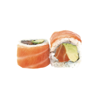 Uramaki Salmón, Aguacate, Envuelto en Salmón y Aguacate
