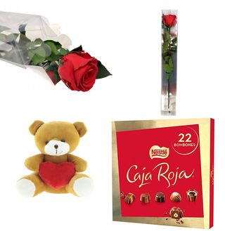 Rosa Roja eterna+Peluche Corazón+Bombones