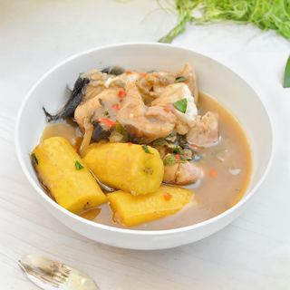 Catfish fish pepper soup with plantain