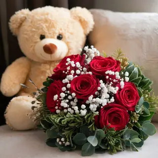 rose rosse e mini orso di 26 cm 
