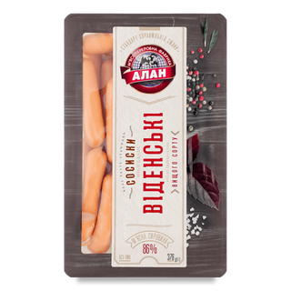 Сосиски «Алан» «Віденські» натуральні в/ґ в/у (376г)