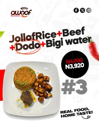 Jollof rice +Plantain + Beef + Bigi Water