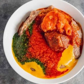 Amala + Ewedu and Gbegiri  + Assorted meats +Water