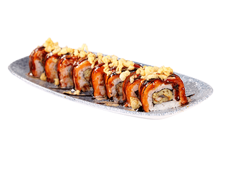 Uramaki z opalanym łososiem teriyaki i węgorzem w tempurze