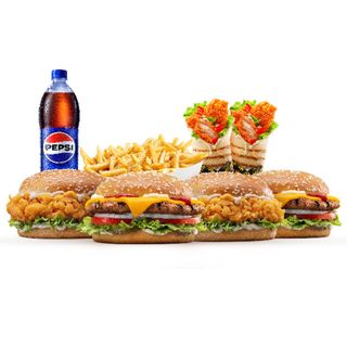 Combo 2 kebab de pui , 2 cartof , 2 sos , 2 crispy Cheeseburger , 2 cheesburger de pui , 1 pepsi (1 litru)