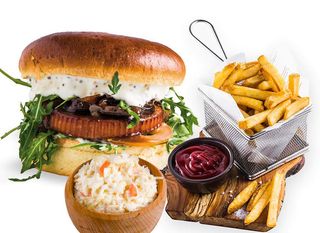 Zestaw Vege Smoked Goat i domowe fryty z sałatka colesław