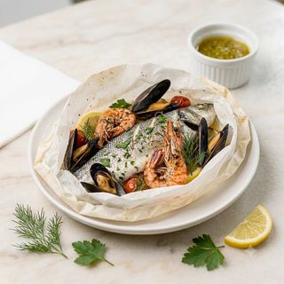 Lubina Al Cartoccio Con Gambas Y Mejillones
