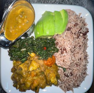 Authentic Jamaican Curry Goat Meal with Rice & Peas with plantain 