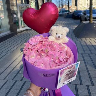 Zestaw bukiet hortensji z misiem i balonem