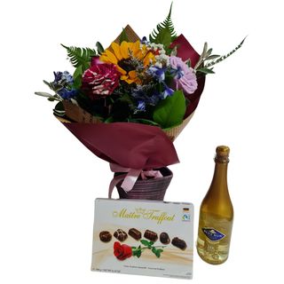 Pachet aniversar helianthus cu sampanie si ciocolata