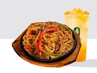 Sizzling Black Pepper Beef spaghetti & Milk tea/Boba/Matcha