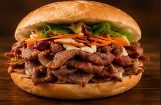 Panino doppia carne, insalata, carota, pomodoro e cipolla
