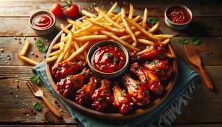 Aripioare pui picante cu cartofi pai și sos