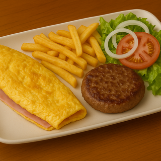 Plato De Tortilla Francesa Con Jamón York, Hamburguesa Patatas Y Bacon