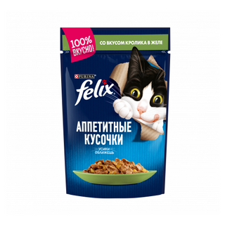 Влажный корм Felix Аппетитные кусочки для взрослых кошек, с кроликом в желе, Пауч, 85 г  7613033575730