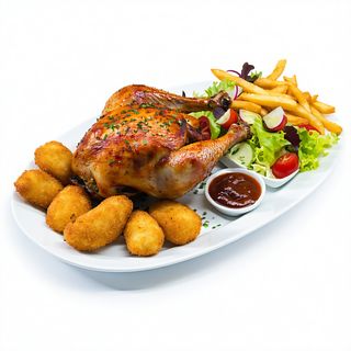 Pollo A L`Ast Con Patatas Y Ensalada Queso  Cabra + Croquetas De Pollo 6uni