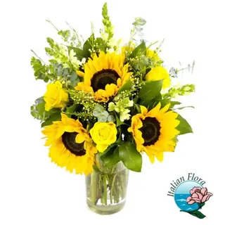 Bouquet di girasoli e rose gialle