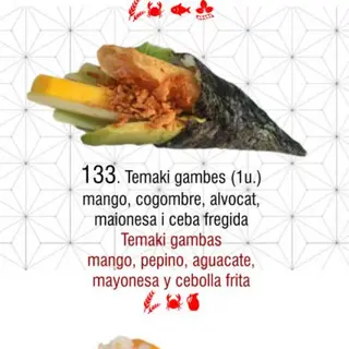 133. Temaki tempura langostino mayonesa cebolla frita 