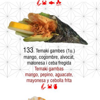 133. Temaki tempura langostino mayonesa cebolla frita 