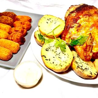 Lote de pollo a last (Pollo asado) con croquetas (12 uds.)
