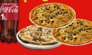 3 Pizzas y Coca-Cola Sabor Original botella 1L.