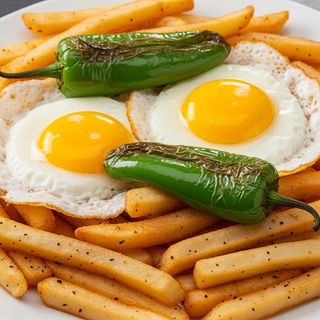 Patatas Fritas, Huevo Y Pimientos Verdes Fritos