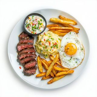 Lomo, huevo frito, ensaladilla y patatas